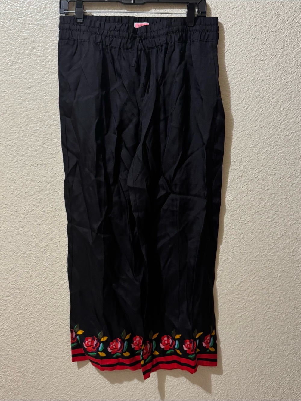 Kate Spade Black Floral-Trim Elastic Waist Silk Pajama Pants M NWT